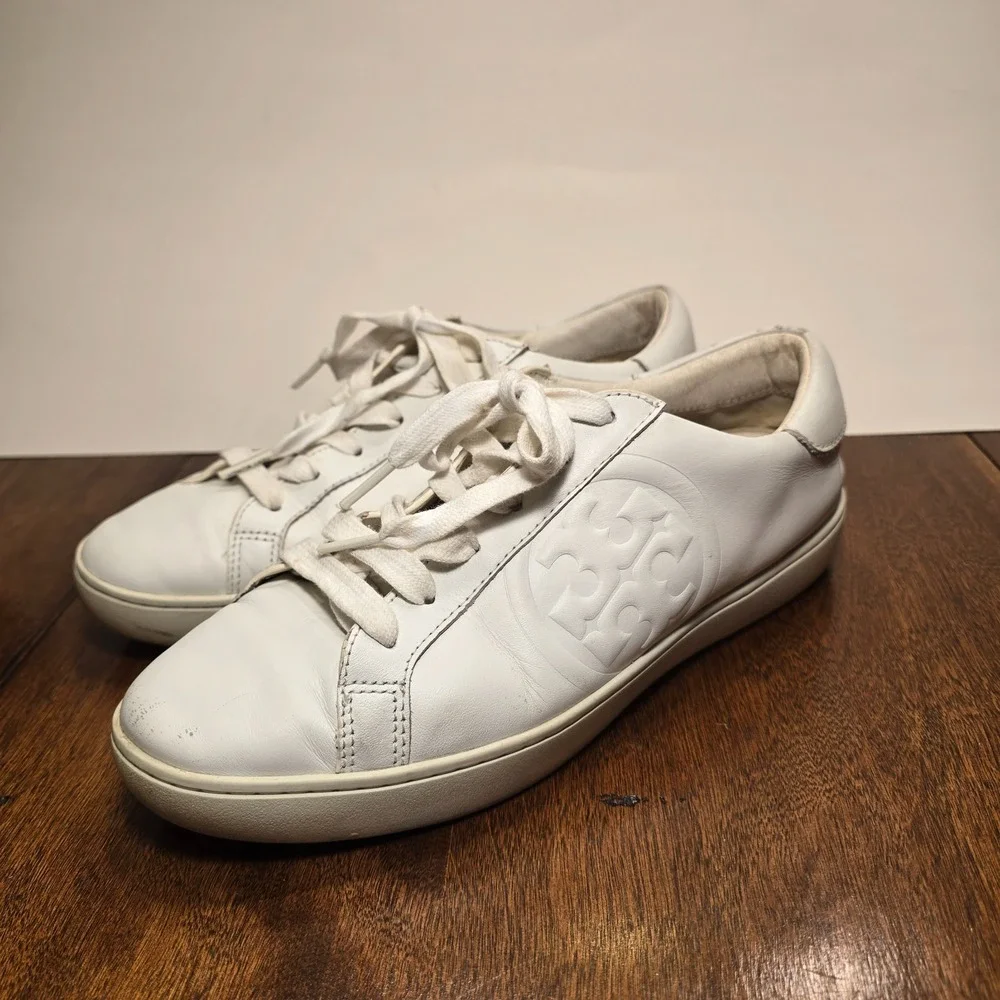 Tory Burch Women's Double T Howell Court Sneakers Size 8.5 M Shoes White Leather